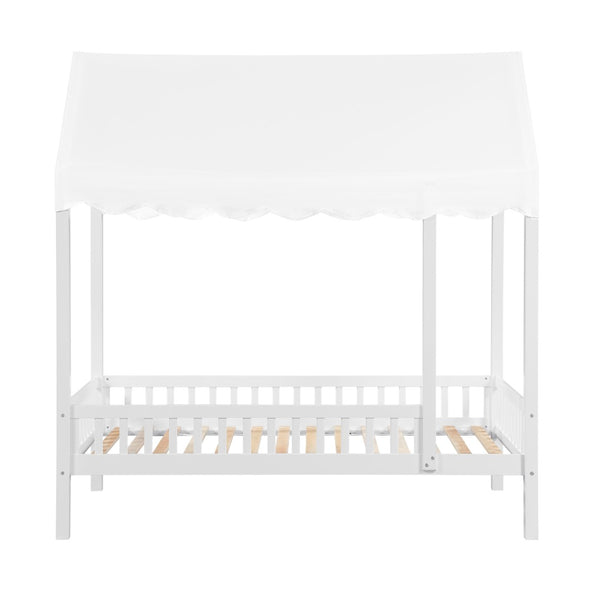 English Elm Gray Finish Canopy Platform Bed Scalloped Fabric Cover Solid Wood Twin Frame White B011P463889