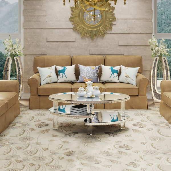 English Elm Silver Mirrored Oval Coffee Table Crystal Trim Acrylic Legs Glam Living Room Decor W3836P382489