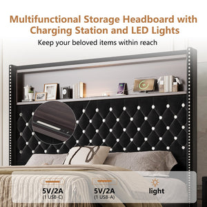 English Elm Queen Velvet Tufted Wingback Platform Bed Tall Headboard with Usb Charging Shelf Black N733P367135B
