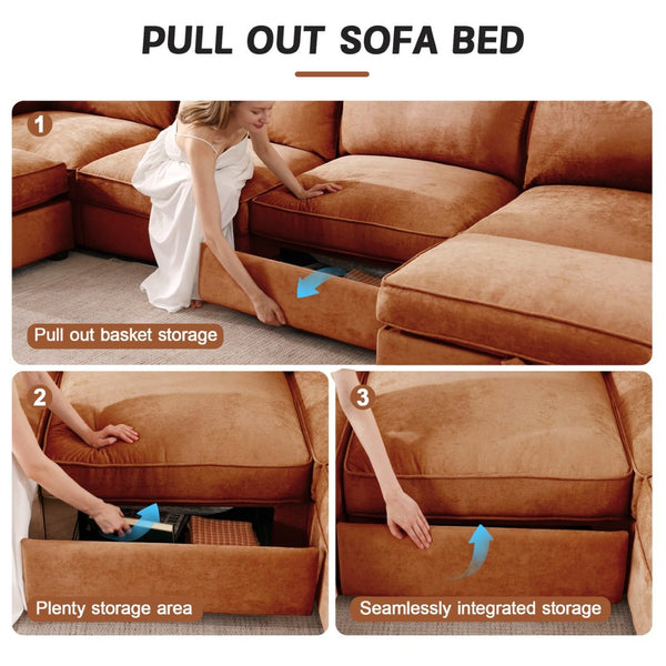 English Elm U Shape 4 Seater Modular Sofa With Movable Ottomans & Hidden Storage – Cozy Chenille Seating Solution W3041S00211-GIGA