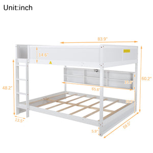 English Elm Queen Over Queen Floor Bunk Bed with Built-In Storage Shelves, USB Charging Station, Solid Pine Frame, Safety Rails and LadderDesigned for Space Saving and Modern Bedrooms White W504S00240