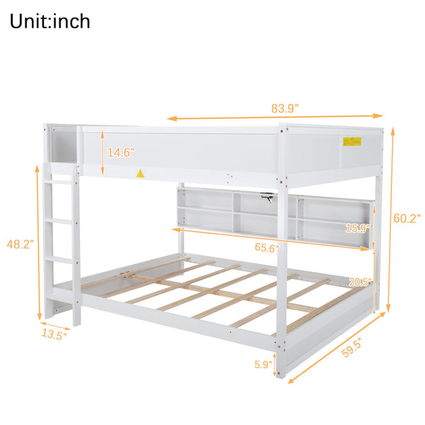 English Elm Queen Over Queen Floor Bunk Bed with Built-In Storage Shelves, USB Charging Station, Solid Pine Frame, Safety Rails and LadderDesigned for Space Saving and Modern Bedrooms White W504S00240