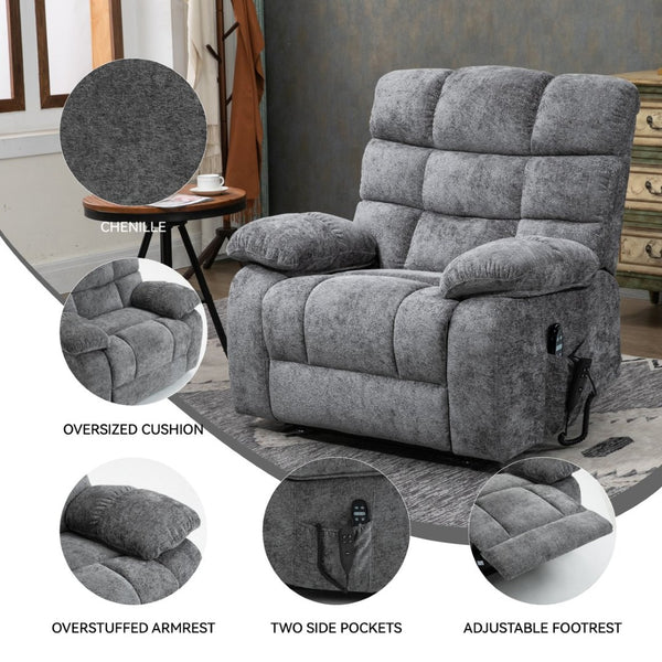 English Elm Lift Power Recliner Chenille Chair Dual Motor Massage Heat 350 Lb Capacity Living Room Grey W3224P288618
