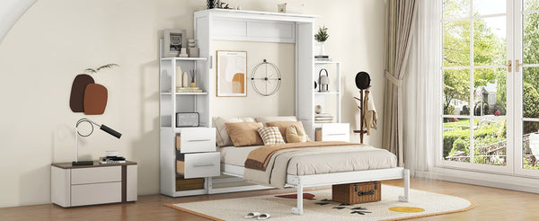 English Elm Full Size Murphy Wall Bed with Led Lighting Shelves Drawers and Fold Down Storage LP100565AAK