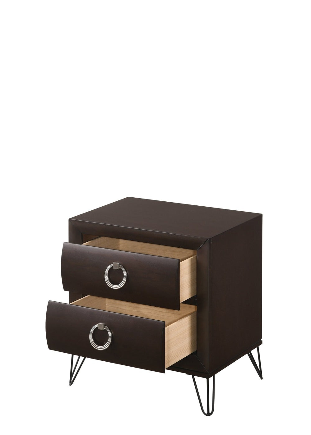 English Elm Tablita Two Drawer Nightstand with V-leg Base and Dark Merlot Rubberwood Finish B2726P411559