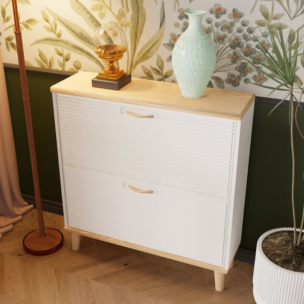 English Elm Shoes Storage Cabinet Slim Flip Door Entryway Organizer with Natural Wood Legs 16 Pairs W3166P268388
