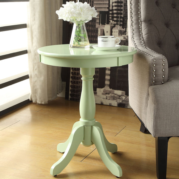 English Elm Light Cottage Side Table with Turned Pedestal Base, Solid Wood Accent Table in Soft Green for Cozy Spaces B062P189132