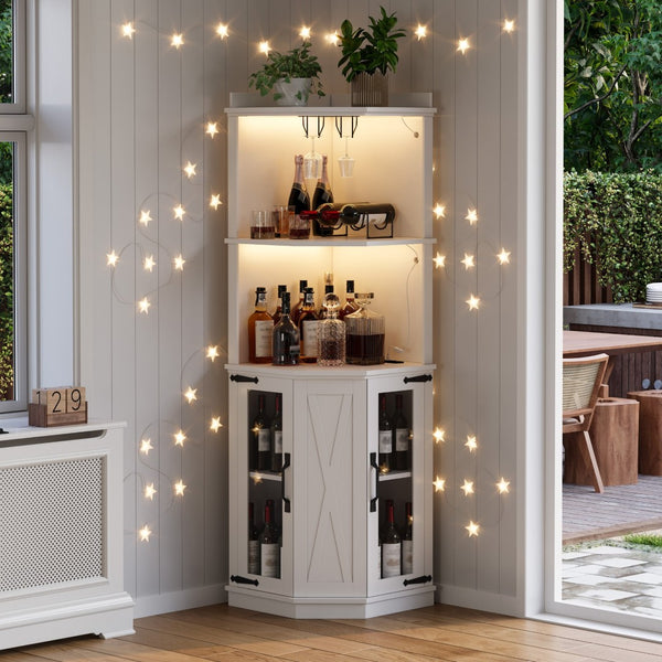 English Elm 67.3" Farmhouse Corner Bar Cabinet Led Lit Wine Storage with Built-in Power Outlets N735P361423K