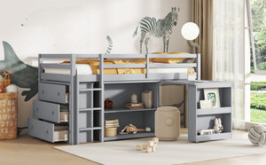 English Elm Twin Loft Bed With Storage Cabinets, Pull-Out Desk & Safety Guardrail - Sturdy Grey Rubberwood Design W504S00201-GIGA