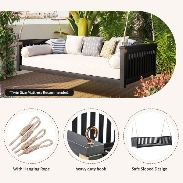 English Elm Topmax Acacia Wood Porch Swing Bed Sloped Frame Outdoor Lounger for Backyard Patio Black WF319383AAB