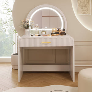 English Elm 39" Makeup Vanity Table with Touchscreen LED Mirror, Sleek Dressing Table with Drawer and Glass Top - Durable Rubberwood, Fast Assembly White N704P196658K
