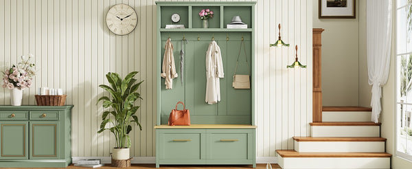 English Elm On-trend Entryway Hall Tree with Gold Hooks Bench Drawers and Shoe Cabinet Storage Mint Green N721S000056M-1