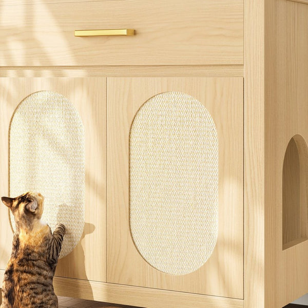 English Elm Cat Litter Box Cabinet with Sisal Doors Storage Drawer and Nightstand Surface N704P379111N