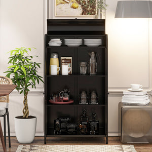 English Elm 47.6" Metal Storage Cabinet Antique Black with Tempered Glass Doors Flip-Top 4-Tier Display Buffet W3122P272697