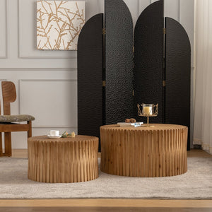 English Elm Vintage Cylindrical Nesting Coffee Table Set, Textured Embossed Wood Accent Tables for Living Room Natural W757P195740