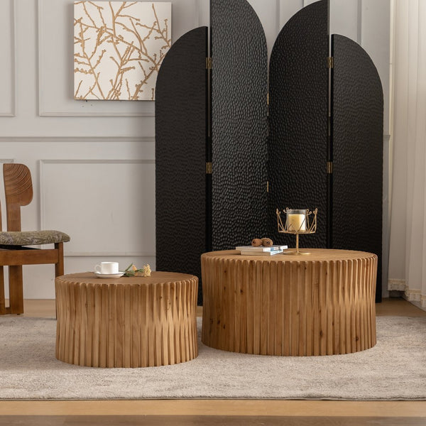 English Elm Vintage Cylindrical Nesting Coffee Table Set, Textured Embossed Wood Accent Tables for Living Room Natural W757P195740