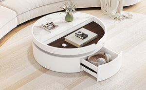English Elm White Round Lift Coffee Table 29.5" with Marble-Wood Grain Top, Hidden Drawer Storage, Modern Durable Design N735P332429K