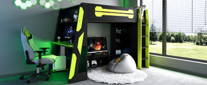 English Elm Twin Gaming Loft Bed with Desk Rgb Lighting and Multi-tier Shelves for Teen Rooms Green LT000160AAG