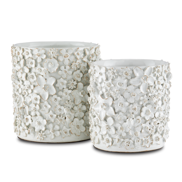 Jessamine Decorative White Cachepot - Artisan-Crafted Floral Design for Indoor Plant Display