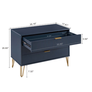 English Elm Dumbo 35" Fluted 3-Drawer Dresser with Gold Metal Legs, Glam Handles, Easy Snap Assembly Dark Blue B365P398119