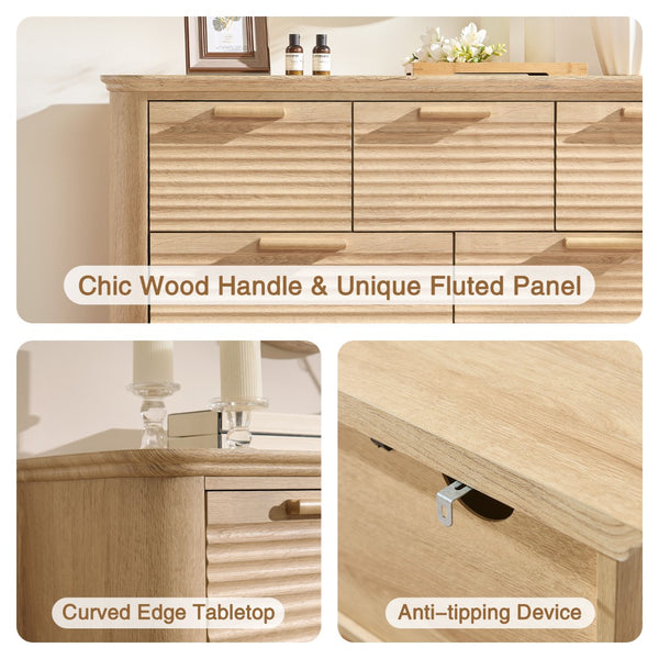 English Elm Fluted Wave Panel 7 Drawer Mdf Dresser Modern Bedroom Storage with Tv Stand Top T5326P425097