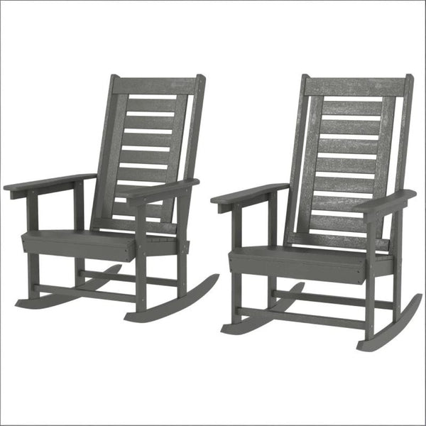 English Elm Black Hdpe Slatted High Back Rocking Chair Set for Porch Patio Deck Outdoor Use Dark Gray T3971P444244