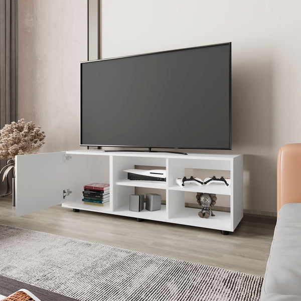 English Elm FM Parker TV Stand with Door and Open Shelves for Large TVs, Minimalist Storage and Modern Style White 53 L x 21 W x 5 H B128P269885