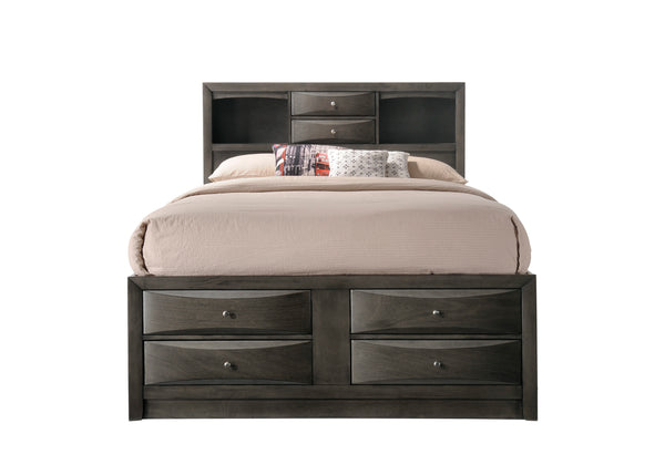 English Elm Gray King Storage Platform Captain's Bed with Bookcase Headboard, Deep Drawers, Silver Hardware, Solid Wood B2741S00613