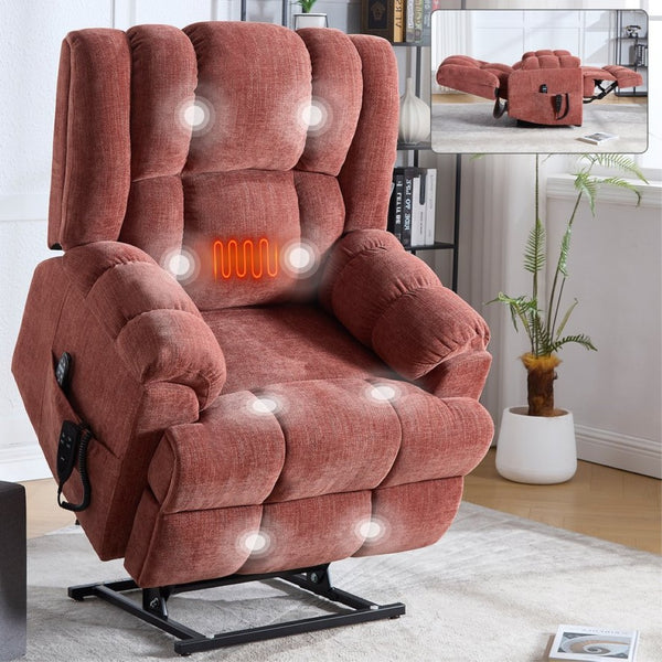 English Elm Dual Motor Power Lift Recliner Chenille Chair with Massage Heat and Infinite Positions Red W3224P288311