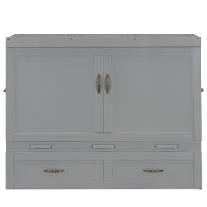 English Elm Full Size Murphy Wall Bed with Storage Drawer Usb Ports and Metal Handles for Small Spaces LP000669AAE