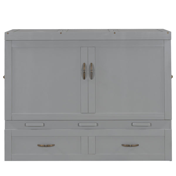 English Elm Full Size Murphy Wall Bed with Storage Drawer Usb Ports and Metal Handles for Small Spaces LP000669AAE
