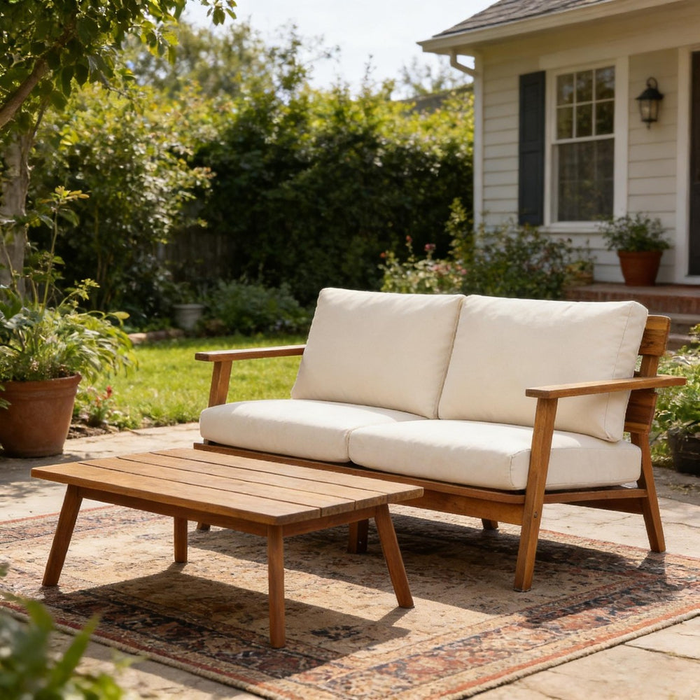 English Elm 2-piece Acacia Wood Outdoor Loveseat Set Mid-century Slatted Table All-weather Cushions N767P359941T