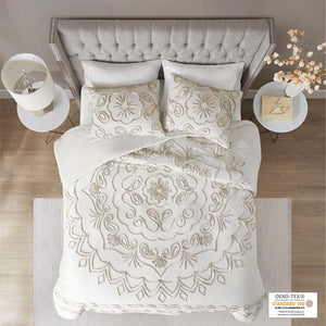 JLA Home Madison Park - 3 Tufted Cotton Chenille Duvet Cover Set – Ivory Taupe Medallion Design, Breathable 100% Cotton, Button Closure & Corner Ties for Secure Cozy Style MP12-7142