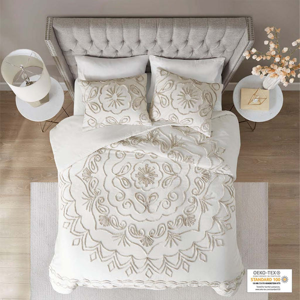 JLA Home Madison Park - 3 Tufted Cotton Chenille Duvet Cover Set – Ivory Taupe Medallion Design, Breathable 100% Cotton, Button Closure & Corner Ties for Secure Cozy Style MP12-7142