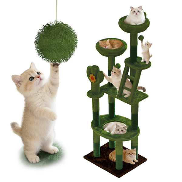 English Elm 72in Cactus Cat Tower Sisal Posts Plush Perches Capsule Pod Multi-level Climb Green W1578P447627