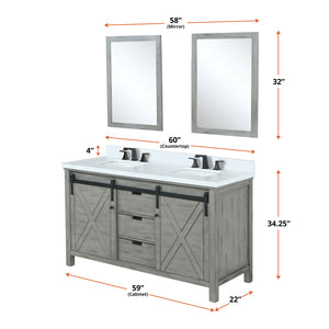 English Elm Ash Grey Double Bath Vanity With White Quartz Top, Matte Black Faucet, & 24" Mirrors - Stylish Storage B2731S01072
