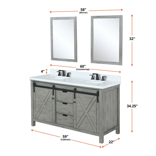 English Elm Ash Grey Double Bath Vanity With White Quartz Top, Matte Black Faucet, & 24" Mirrors - Stylish Storage B2731S01072