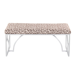 English Elm Constellation Silver Metal Bench with Beige Leopard Fabric Upholstery — Modern 2-Seat Accent Piece B202S01139