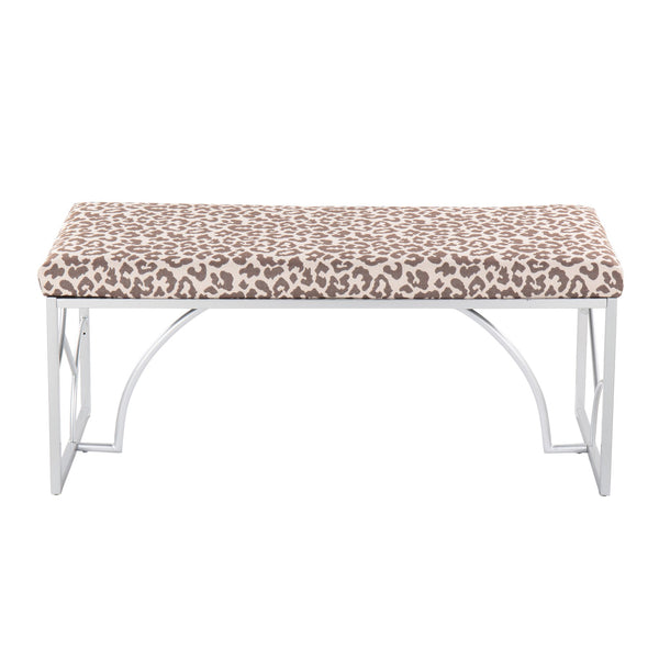 English Elm Constellation Silver Metal Bench with Beige Leopard Fabric Upholstery — Modern 2-Seat Accent Piece B202S01139