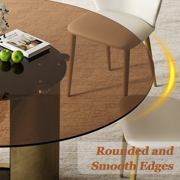 English Elm 59-Inch Modern Round Dining Table Set With 6 Chairs - Elegant Dark Brown Glass Top & Copper Legs W509S00147