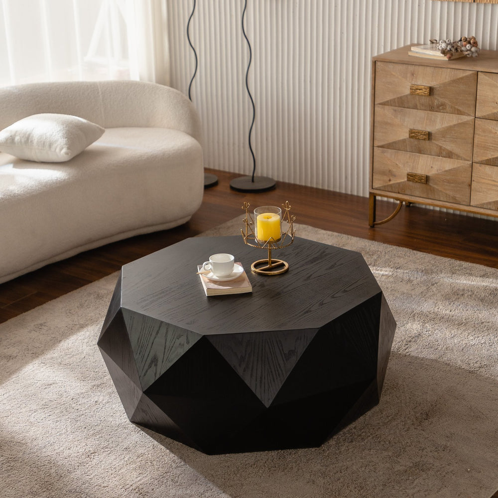 English Elm 38"Three-dimensional Embossed Retro Coffee Table Black Top, Antique American Style, Durable Craftsmanship (96) W757134932