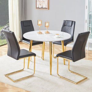 English Elm Table and Chair Set Extendable Mdf Round Oval Dining with Gold Arched Legs Black,White+Gold W1151S03945
