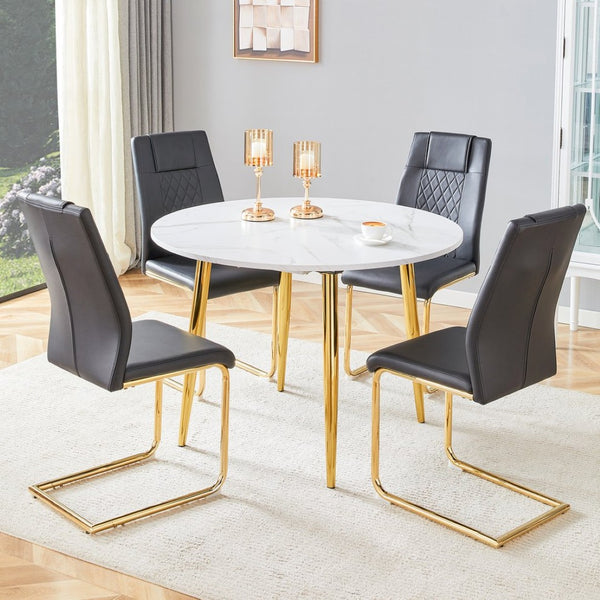 English Elm Table and Chair Set Extendable Mdf Round Oval Dining with Gold Arched Legs Black,White+Gold W1151S03945