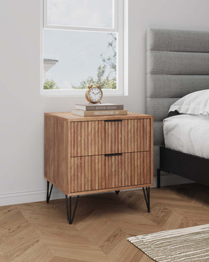 English Elm Dumbo Fluted 20" Nightstand with Gold Metal Legs & Glam Handles, 2-Drawer Full-Extension, Easy Snap Assembly Brown B365P398168
