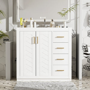 English Elm 36'' Bathroom Vanity with Ceramic Sink Combo Solid Wood Frame Soft-Closing Drawers Ample Storage Elegance White N710P243327K