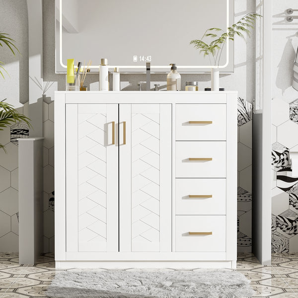 English Elm 36'' Bathroom Vanity with Ceramic Sink Combo Solid Wood Frame Soft-Closing Drawers Ample Storage Elegance White N710P243327K