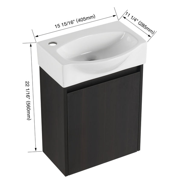 English Elm 16" Bathroom Vanity Sink Combo for Small Spaces — Compact Engineered Wood Cabinet with Ceramic Basin, Moisture-Resistant Finish and Hidden Handle, Easy Assembly Black W1972P190340