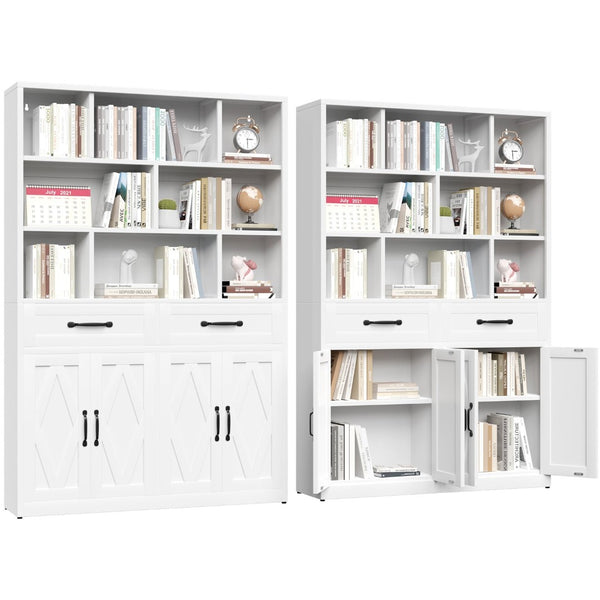 English Elm 71" Tall Metal Bookcase with Open Shelves Drawers and Cabinet Doors for Modern Office T2398S00002