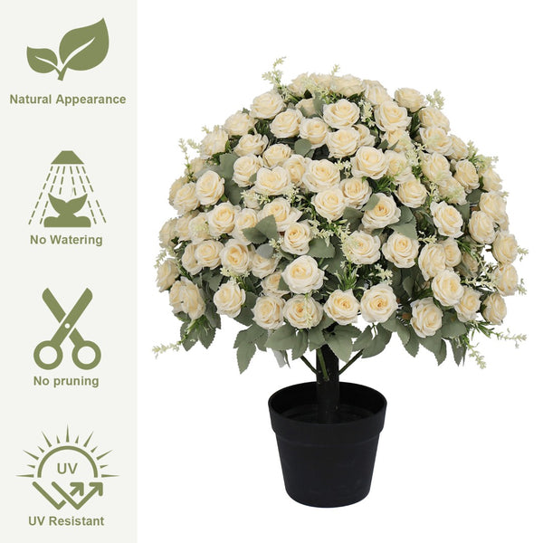 English Elm 24-inch Faux Rose Arrangement Uv Resistant Silk Blooms Set of Two Cement Potted Decor White+Green W2945P458423