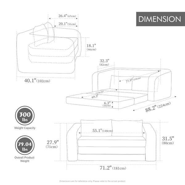 English Elm 71" Chenille Pull Out Sleeper Loveseat Convertible Floor Couch for Dorm or Guest Bedroom Green W3118P388901